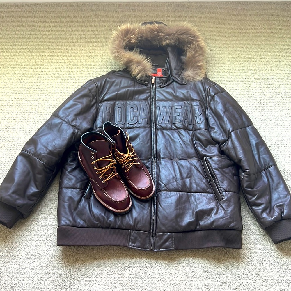 Limited Edition Jay Z’s Rocaware brand Genuine leather bombshell coat.